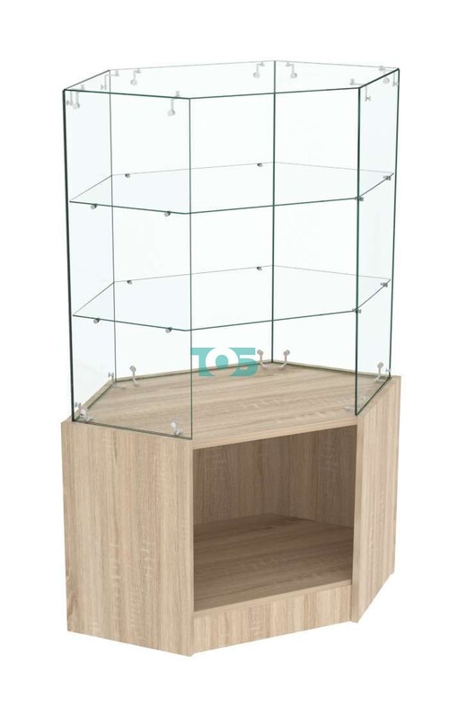 Узкий стеклянный прилавок СЛИМ №117 угловой с двумя полками 