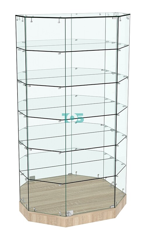 Стеклянная витрина Хит Продаж Трапеция с тремя полками зеркалом малая №837