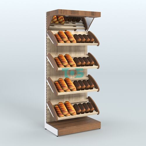 Стеллаж для продажи хлеба и выпечки с полками - корзинами и верхним зеркальным фризом СХФ-01