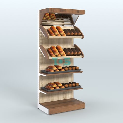 Пристенный стеллаж для продажи хлеба и выпечки с полками - корзинами и верхним зеркальным фризом СХФ-02