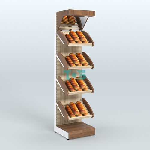Узкий стеллаж для продажи хлеба и выпечки с полками - корзинами и верхним зеркальным фризом СХФ-04