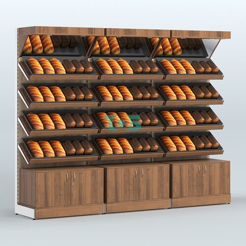 Стеллаж для хлеба и выпечки с четырьмя наклонными полками накопителем и фризом трех-секционный СХНПФ-04