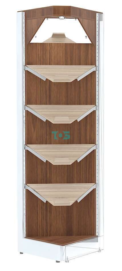 Угловой стеллаж с наклонными полками и зеркальным фризом ФЕНИКС №13