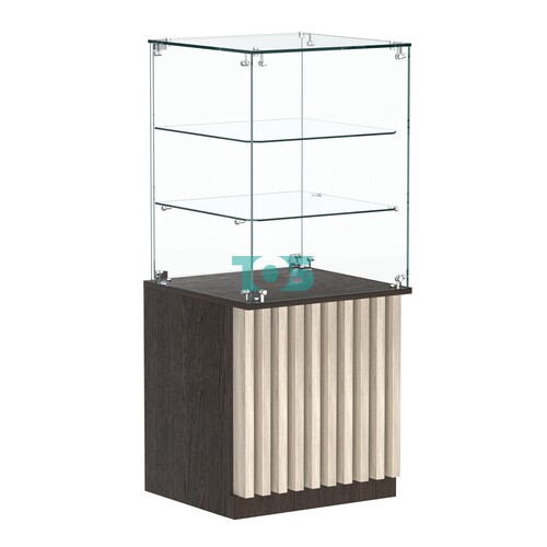 Торговый прилавок квадратный с планками и двумя стеклянными полками серии ВЕРТИКАЛЬ №42