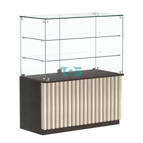 Торговый прилавок прямоугольный с планками и двумя стеклянными полками серии ВЕРТИКАЛЬ №32