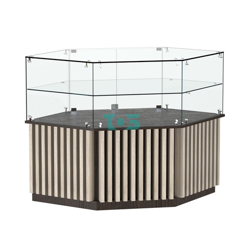 Торговый прилавок низкий шестигранный с планками и одной полкой серии ВЕРТИКАЛЬ №36