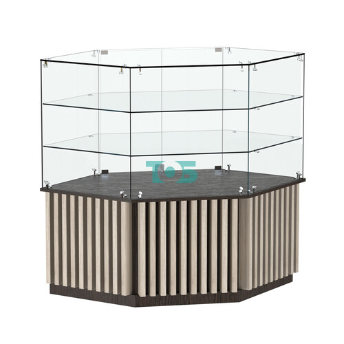 Торговый прилавок низкий шестигранный с планками и двумя полками серии ВЕРТИКАЛЬ №37