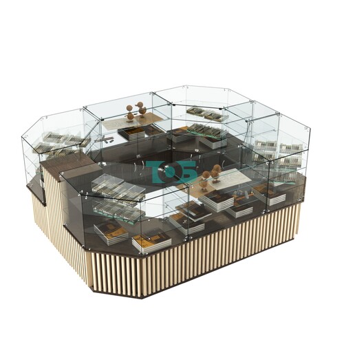 Торговый прямоугольный островок с низким накопителем и планками серии ВЕРТИКАЛЬ №1 (6,48 кв.м)