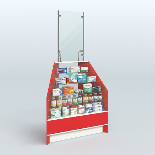 Прилавок для аптеки внешний угол серии АЛМАЗ с защитным экраном №2