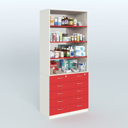 Шкаф для аптек с 10-ю ящиками с полками ДСП и зеркалом №6-1-Д