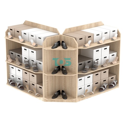 Торговый угловой низкий стеллаж для обуви с тремя полками №1