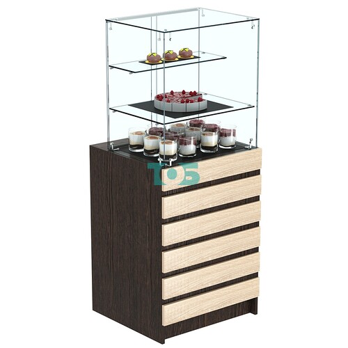 Торговый прилавок малый с двумя стеклянными полками и фасадными панелями №5Э-02