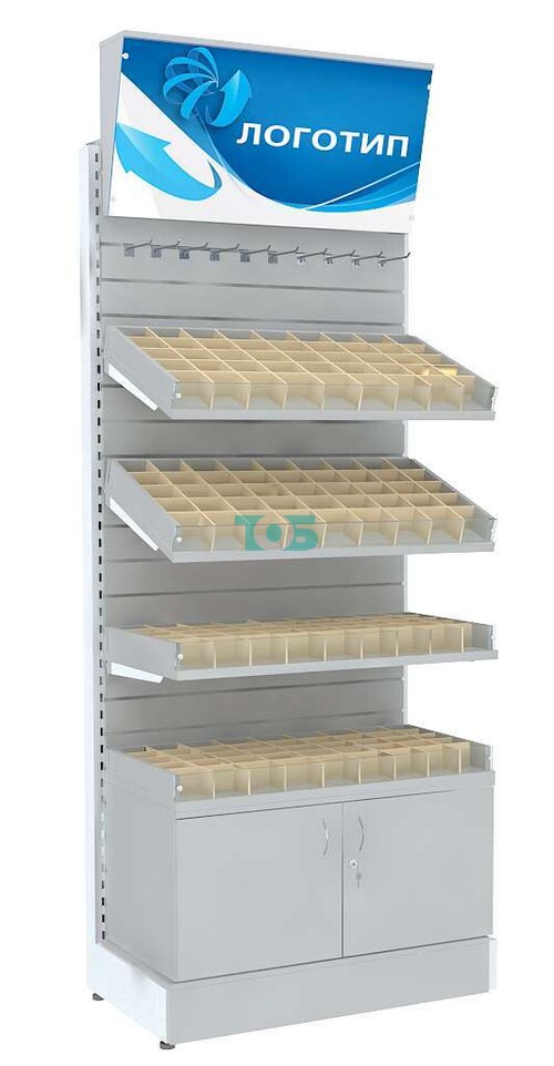 Пристенный стеллаж с накопителем ячейками из фанеры и свет коробом широкий серии КЛАСТЕР №1 (180 ячеек)