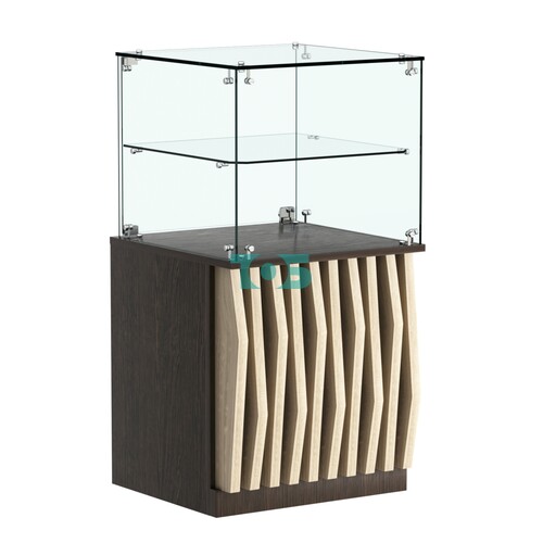 Торговый прилавок квадратный с планками и стеклянной полкой серии ОРНАМЕНТ №41