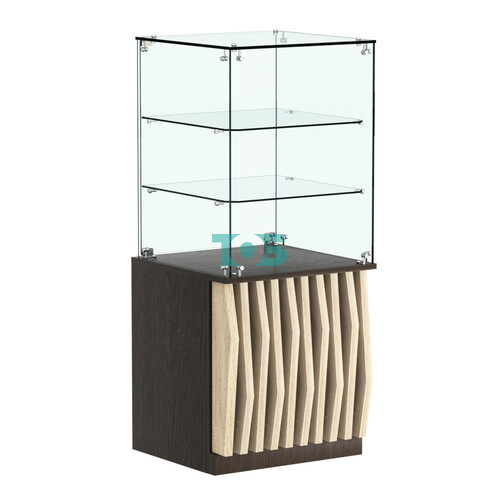 Торговый прилавок квадратный с планками и двумя стеклянными полками серии ОРНАМЕНТ №42