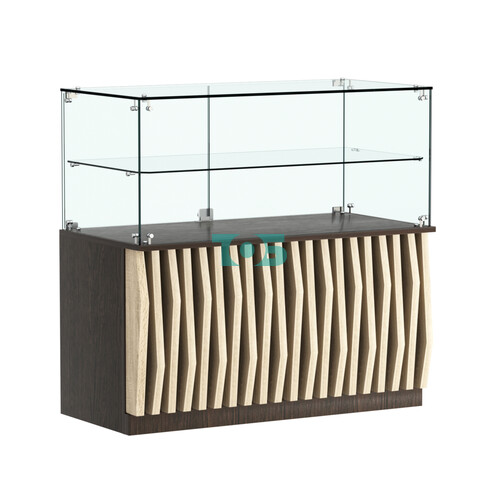 Торговый прилавок прямоугольный с планками и стеклянной полкой серии ОРНАМЕНТ №31