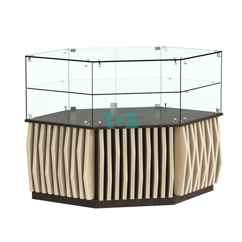 Торговый прилавок низкий шестигранный с планками и одной полкой серии ОРНАМЕНТ №36