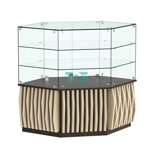 Торговый прилавок низкий шестигранный с планками и двумя полками серии ОРНАМЕНТ №37