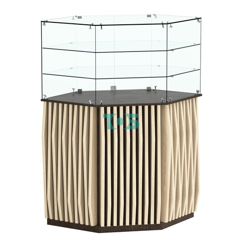 Торговый прилавок шестигранный с планками и двумя полками ОРНАМЕНТ №8