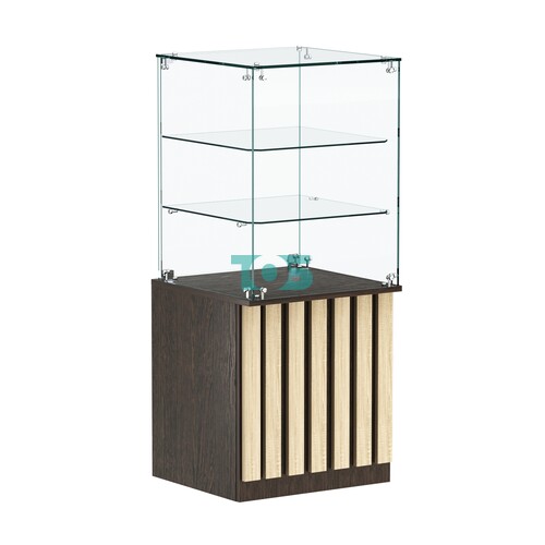 Торговый прилавок квадратный с планками и двумя стеклянными полками серии ПРИЛИВ №42