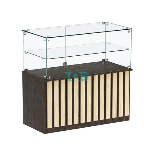 Торговый прилавок прямоугольный с планками и стеклянной полкой серии ПРИЛИВ №31