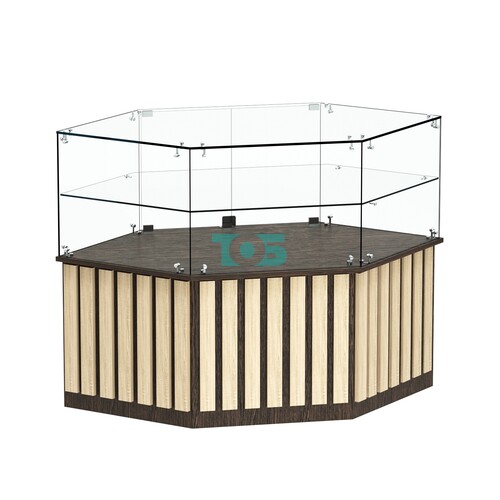 Торговый прилавок низкий шестигранный с планками и одной полкой серии ПРИЛИВ №36