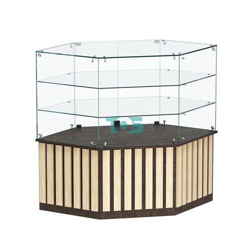 Торговый прилавок низкий шестигранный с планками и двумя полками серии ПРИЛИВ №37