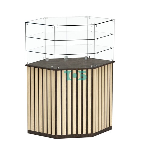 Торговый прилавок шестигранный с планками и двумя полками ПРИЛИВ №8