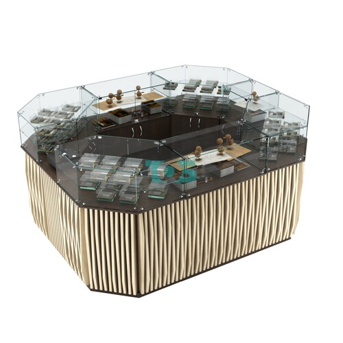 Торговый прямоугольный островок с высоким накопителем и планками серии ОРНАМЕНТ №4 (6,48 кв.м)