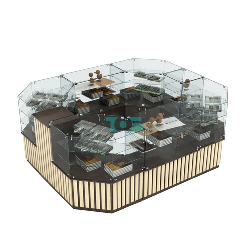 Торговый прямоугольный островок с низким накопителем и планками серии ПРИЛИВ №1 (6,48 кв.м)