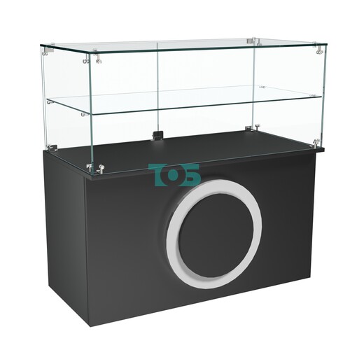 Торговый прилавок прямоугольный с декоративной накладкой и стеклянной полкой серии КРУГ №31