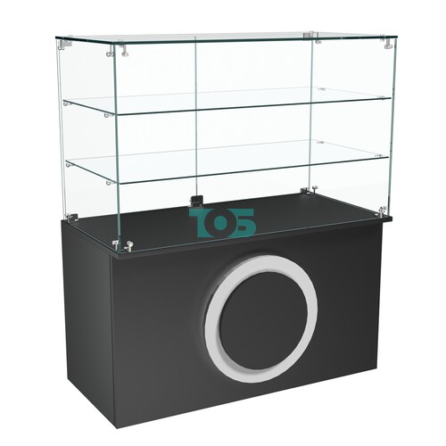 Торговый прилавок прямоугольный с декоративной накладкой и двумя полками серии КРУГ №32