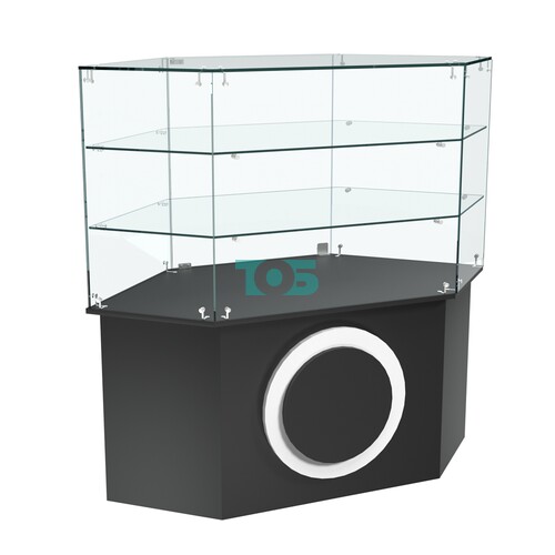 Торговый прилавок низкий шестигранный с декоративной накладкой и двумя полками серии КРУГ №37