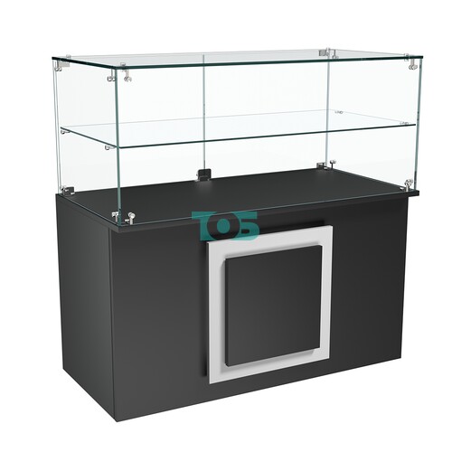 Торговый прилавок прямоугольный с декоративной накладкой и стеклянной полкой серии КВАДРАТ №31