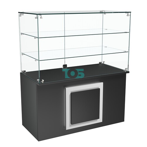 Торговый прилавок прямоугольный с  декоративной накладкой и двумя полками серии КВАДРАТ №32