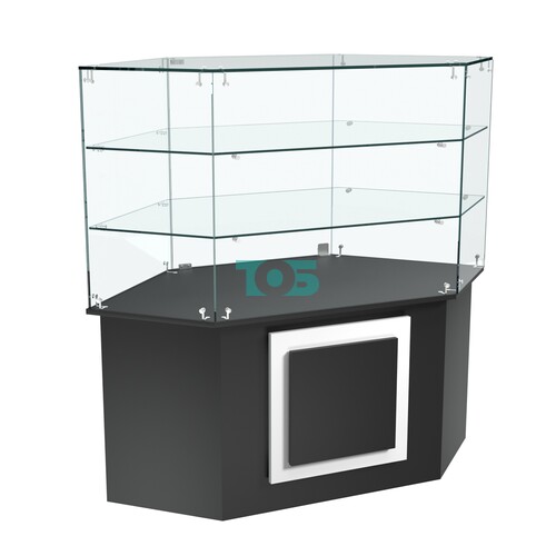 Торговый прилавок низкий шестигранный с декоративной накладкой и двумя полками серии КВАДРАТ №37