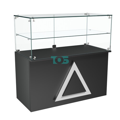 Торговый прилавок прямоугольный с декоративной накладкой и стеклянной полкой серии ТРЕУГОЛЬНИК №31