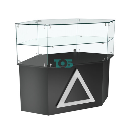 Торговый прилавок низкий шестигранный с декоративной накладкой и одной полкой серии ТРЕУГОЛЬНИК №36