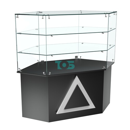 Торговый прилавок низкий шестигранный с декоративной накладкой и двумя полками серии ТРЕУГОЛЬНИК №37