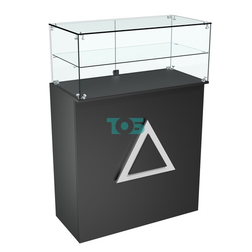 Торговый прилавок прямоугольный с декоративной накладкой и одной полкой ТРЕУГОЛЬНИК №2