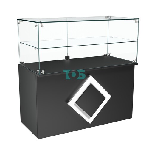 Торговый прилавок прямоугольный с декоративной накладкой и стеклянной полкой серии РОМБ №31