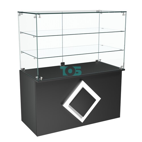 Торговый прилавок прямоугольный декоративной накладкой и двумя полками серии РОМБ №32