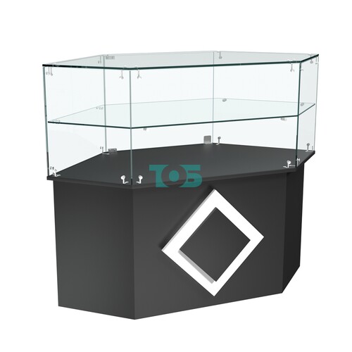 Торговый прилавок низкий шестигранный с декоративной накладкой и одной полкой серии РОМБ №36