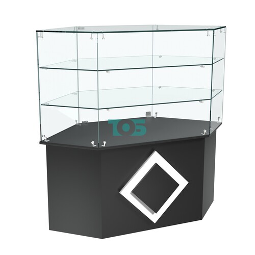 Торговый прилавок низкий шестигранный с декоративной накладкой и двумя полками серии РОМБ №37