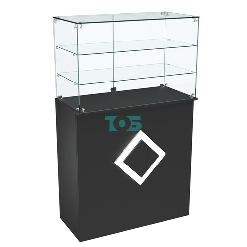 Торговый прилавок прямоугольный с декоративной накладкой и двумя полками РОМБ №3