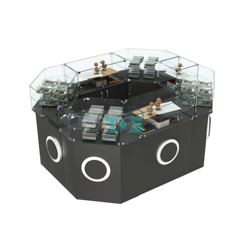 Торговый прямоугольный островок с высоким накопителем и накладками серии КРУГ №4 (6,24 кв.м)