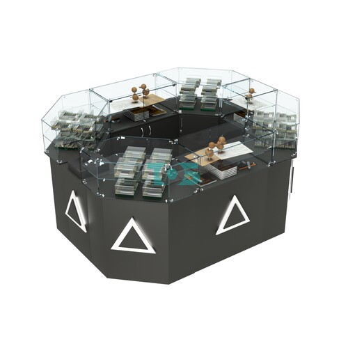 Торговый прямоугольный островок с высоким накопителем и накладками серии ТРЕУГОЛЬНИК №4 (6,24 кв.м)