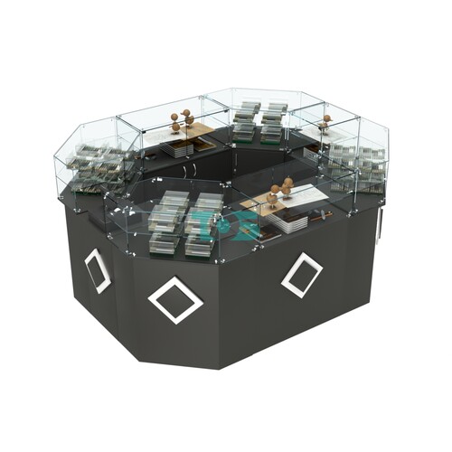 Торговый прямоугольный островок с высоким накопителем и накладками серии РОМБ №4 (6,24 кв.м)