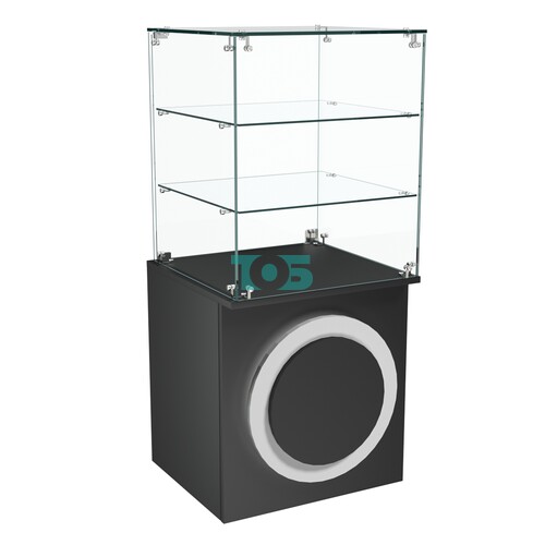 Торговый прилавок квадратный с декоративной накладкой и стеклянными полками серии КРУГ №42