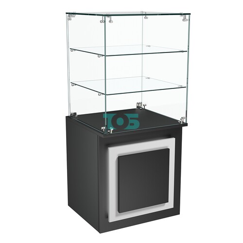 Торговый прилавок квадратный с декоративной накладкой и стеклянными полками серии КВАДРАТ №42